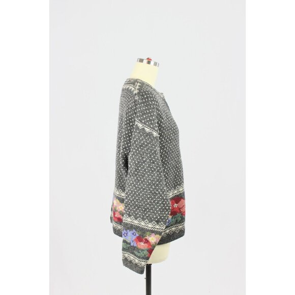 Vintage 00's ICELANDIC DESIGNS 100% Wool Knit Birdseye Floral Cardigan, Size M - Picture 2 of 15